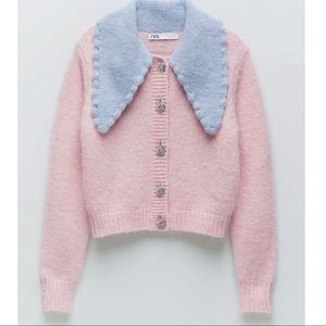 ZARA Pink Cardigan Blue Collar Jewel Buttons SMALL